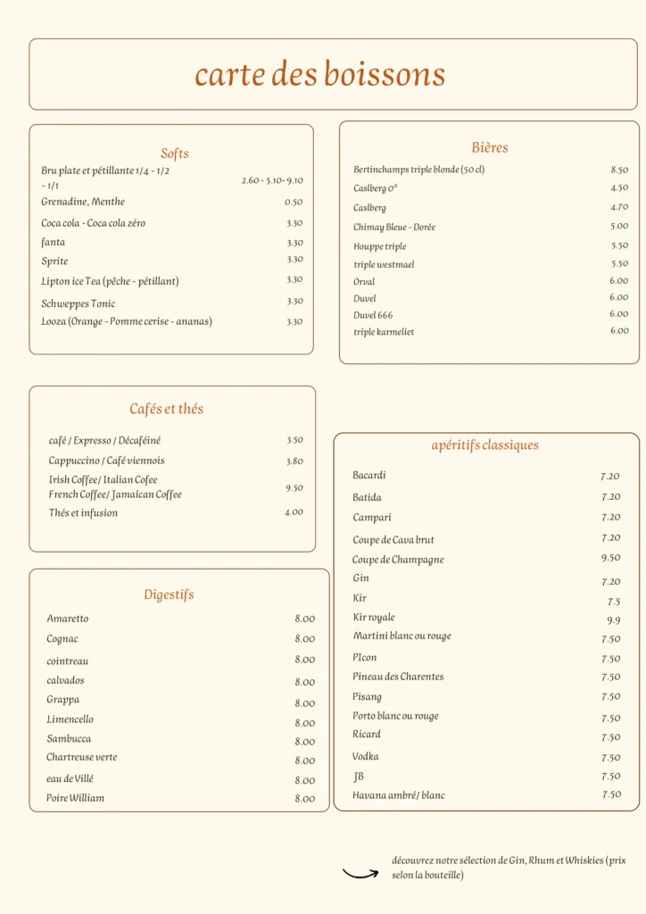 Carte des boissons