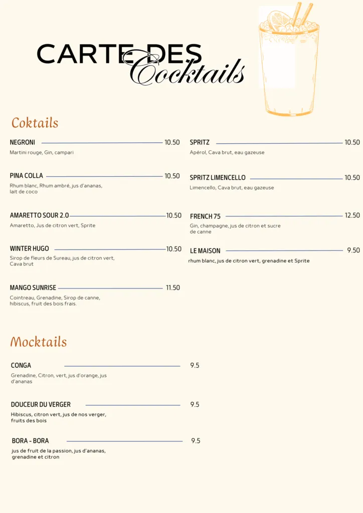 Carte des cocktails